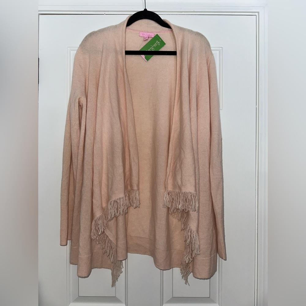 Lilly Pulitzer Pale Pink Cashmere Fringe Cardigan LARGE ~ with Elegant Drape